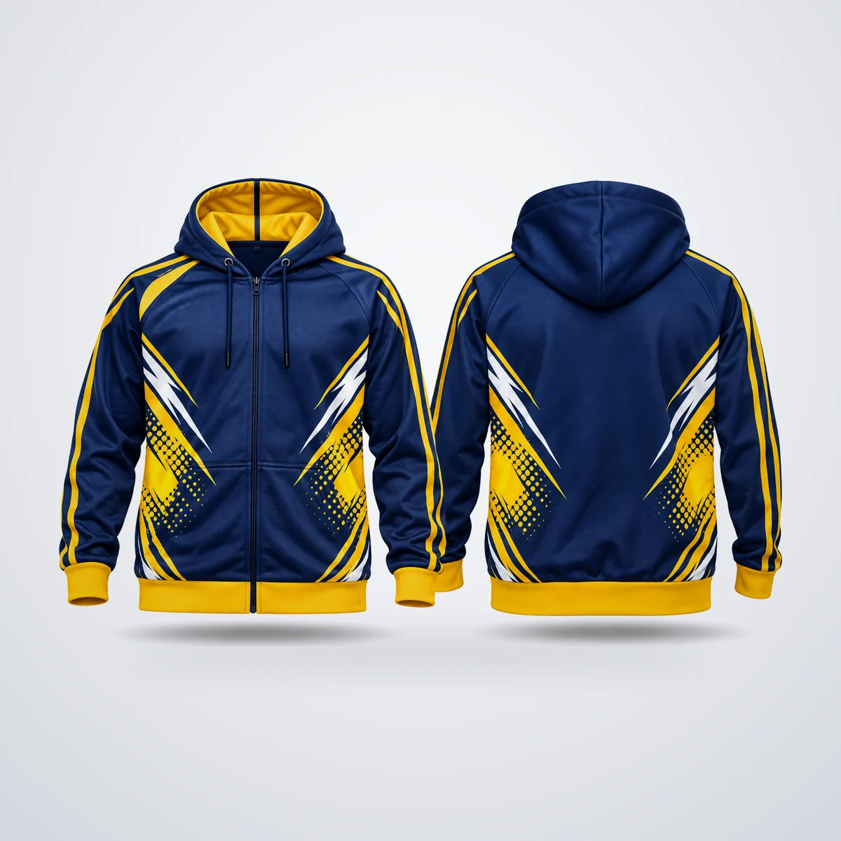 Chaqueta con capucha sublimada azul y amarillo