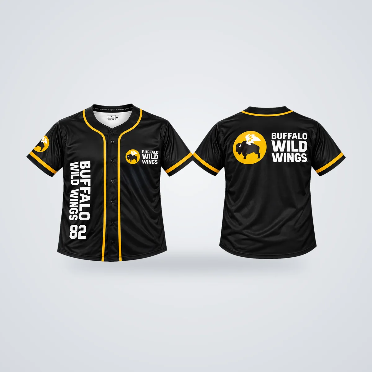 Camisa promocional estilo béisbol Buffalo Wild Wings, frente y espalda