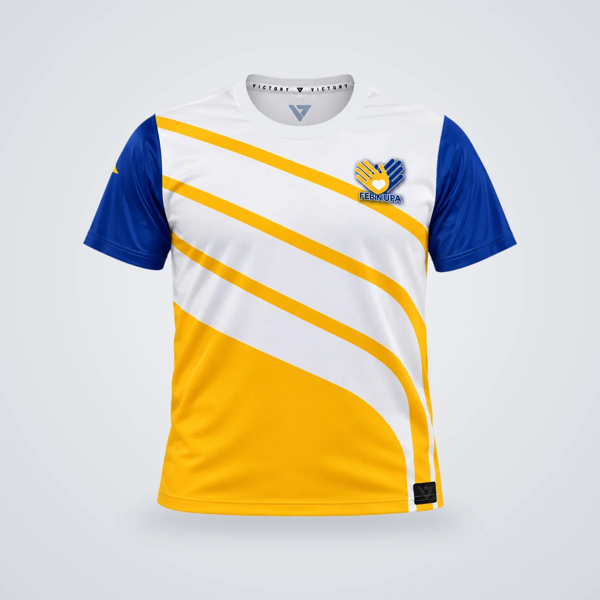 Suéter promocional sublimado blanco, azul y amarillo